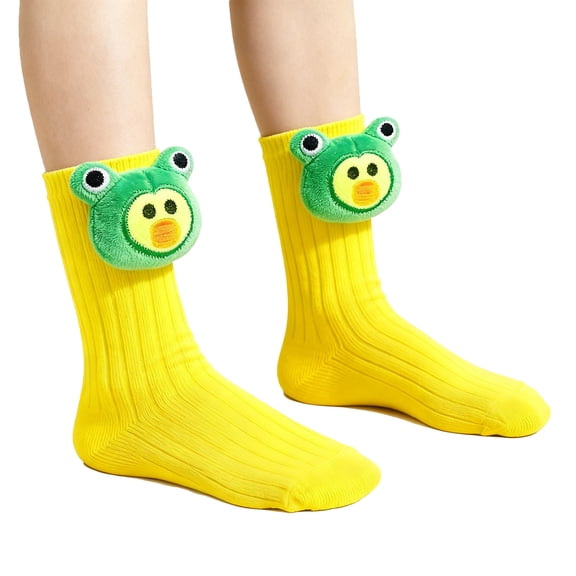 RTKFRFLM Baby 3D Doll Socks Cartoon Character Mid-Calf Slouch Socks for Infants Yellow S（一条杠）
