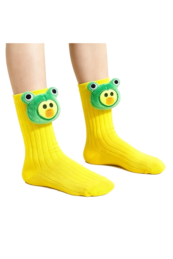 Baby 3D Doll Socks Cartoon Character Mid-Calf Slouch Socks for Infants Yellow S（一条杠）