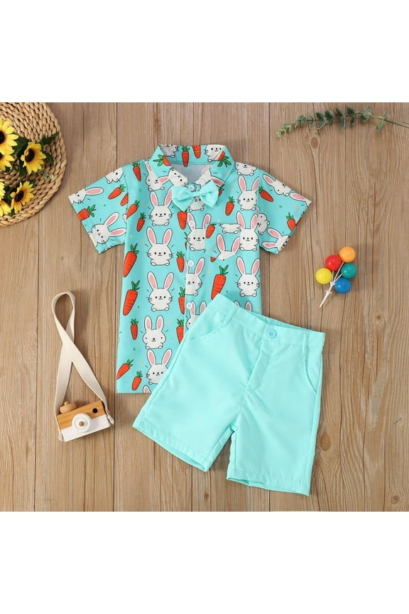Baby Boys Easter Gentleman Outfit, Short Sleeve Bunny Print Button Down Shirt with Bowtie and Shorts 2-Piece Set, Toddler Kids Fashionable Holiday Sunday Formal Clothing