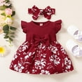 thumbnail image 1 of RTKFRFLM Baby Girls Flutter Sleeve Romper Floral Print Dress with Bowknot and Headband Red 6-9 Months, 1 of 7