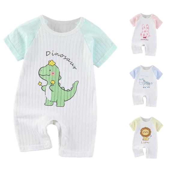 RTKFRFLM Baby Jumpsuit Color Block Short Sleeve Cartoon Pattern Ribbed Knit Romper One Piece Bodysuit Outfits 3-18M
