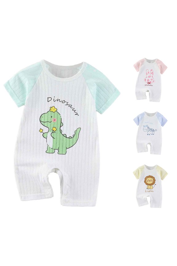 Baby Jumpsuit Color Block Short Sleeve Cartoon Pattern Ribbed Knit Romper One Piece Bodysuit Outfits 3-18M