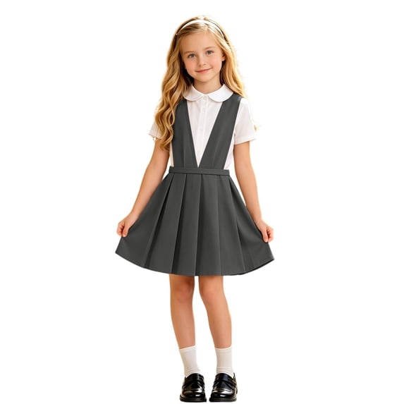 RTKFRFLM Back to School Dress for Girls School Uniform V-Neck Jumper Dress Pleated Pull-on Stretchy Cotton Flared Overall Dress Girls Back to School Outfit Gifts