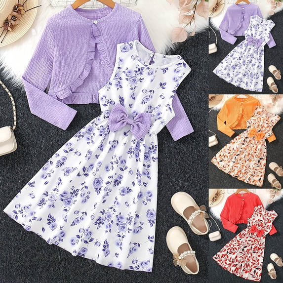 RTKFRFLM Big Girls 2-Piece Set Ruffle Trim Long Sleeve Cropped Jacket and Matching Bowknot Print Dress Trendy Fashionable Outfits for Kids and Teenagers Ages 6-14 Years Old