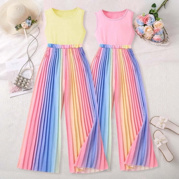 RTKFRFLM Big Girls 2-Piece Summer Set Sleeveless Cropped Tank Top and Colorful Pleated Long Pants Outfit Trendy Casual Fashionable Clothes for and Girls Ages 7-12 Years