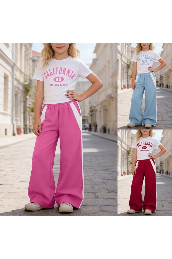 Big Girls 2-Piece Summer Set White Letter Print Crop Top and Casual Straight Cargo Pants Trendy Street Style Outfits for Teens and Girls Ages 8-12 Years Old