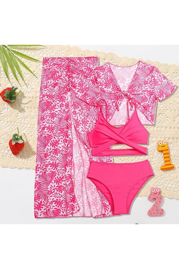 Big Girls 4-Piece Swimsuit Set Print Tankini with Wide Leg Pants & Cover-up for Teens Ages 7-12 Beachwear