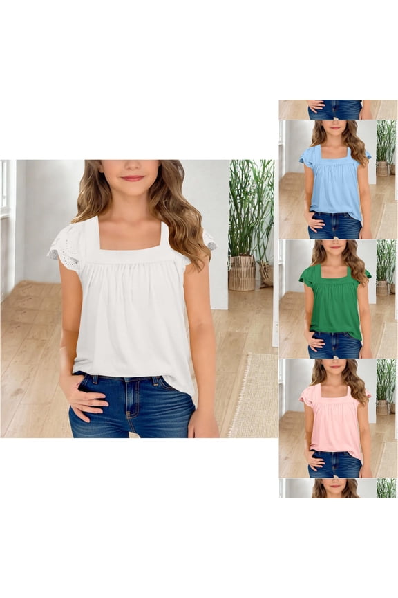 Big Girls Eyelet Ruffle Sleeve T-Shirt Solid Color Casual Crewneck Short Sleeve Flutter Tee Summer Top for Kids
