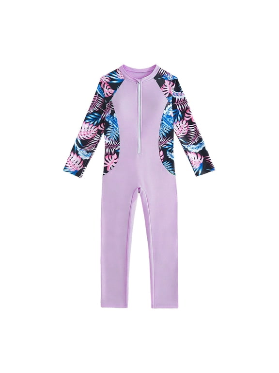 Big Girls Gradient Floral One Piece Swimsuit Long Sleeve Rash Guard Sun Protection Long Pants Surfing Diving Suit, Size 7-12 Years
