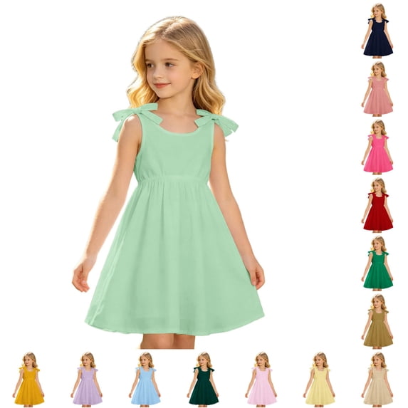 RTKFRFLM Big Girls Solid Color Dress Summer Casual Spaghetti Strap Tiered Sundress Everyday Camisole Skirt 3-10Y
