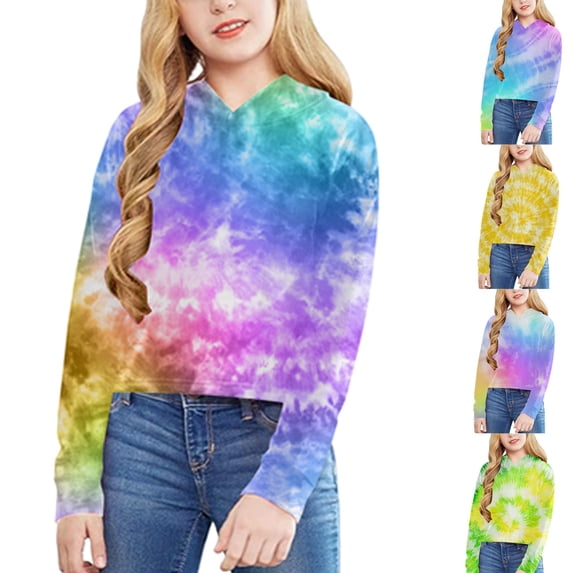 RTKFRFLM Big Girls Tie-Dye Hooded Sweatshirt Kids Long Sleeve Cropped Pullover Top Trendy Colorful Fashion Hoodie for School Soft Breathable Activewear for Toddler & Youth Girls