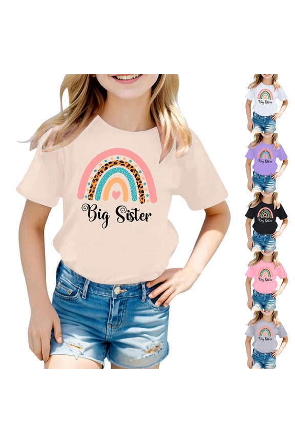 Big Sister Girls Fashion Graphic T-Shirt Big Sister Letter Print Short Sleeve Crewneck Tee Top Sibling Matching Summer Clothes Cute Announcement Kids Cotton Shirt Soft Kids