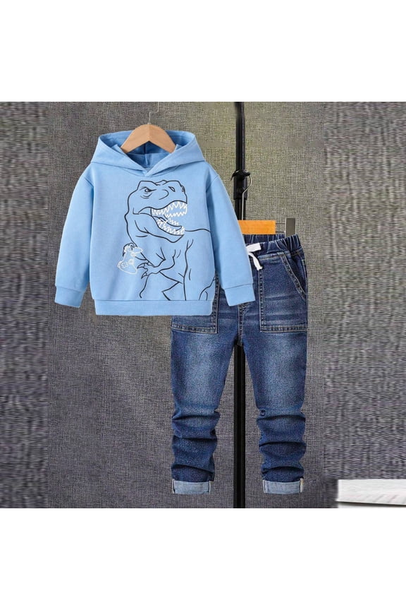 Boys 2-Piece Denim Suit Printed Long Sleeve Hoodie & Jeans Set Blue 4-5 Years