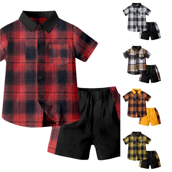 RTKFRFLM Boys 2 Piece Plaid Button Down Shirt Shorts Set Kids Summer Outfit