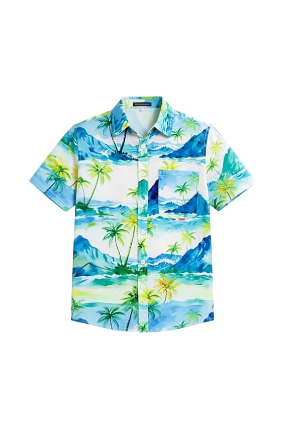 Boys Aloha Hawaiian Shirt Summer Palm Leaves Pattern Collared Button Down Short Sleeve Cruise Resort Blouse