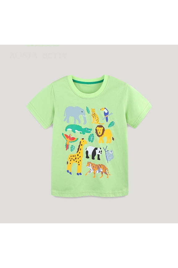 Boys' Animal Print Short Sleeve T-Shirt Style Knitted Cotton Crewneck Top for Kids Fashionable Summer Graphic Tee Soft Breathable for Active Play & School Size 4-14