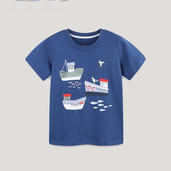 RTKFRFLM Boys Animal Print T-Shirt Summer Short Sleeve Knit Cotton Crewneck Tee Navy 5-6 Years