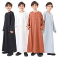 thumbnail image 1 of RTKFRFLM Boys Arabic Thobe Suit Traditional Muslim Embroidered Robe and Pants Light Gray 5-6 Years, 1 of 9