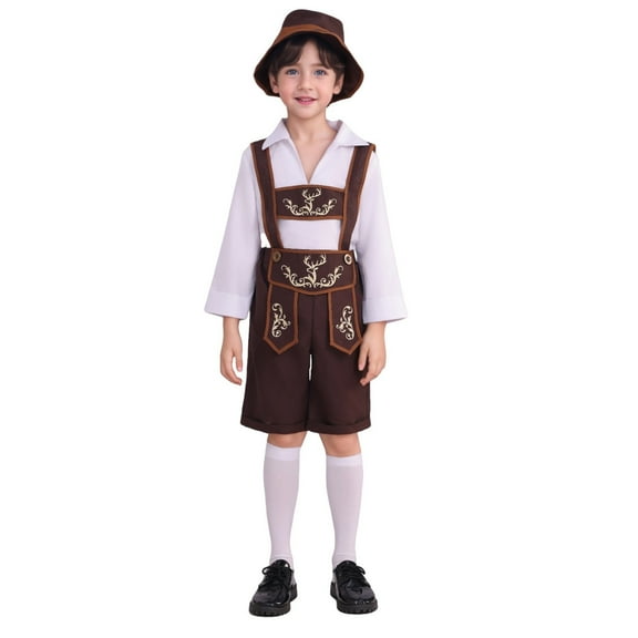 RTKFRFLM Boys Bavarian Oktoberfest Set Lederhosen Outfit For Kids Halloween Party Performance Traditional German Dress Shirt Suspenders Hat Socks Clothing Sets,Size 9-10 Years