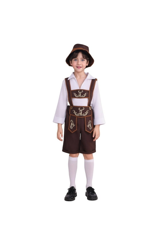 Boys Bavarian Oktoberfest Set Lederhosen Outfit For Kids Halloween Party Performance Traditional German Dress Shirt Suspenders Hat Socks Clothing Sets,Size 5-6 Years