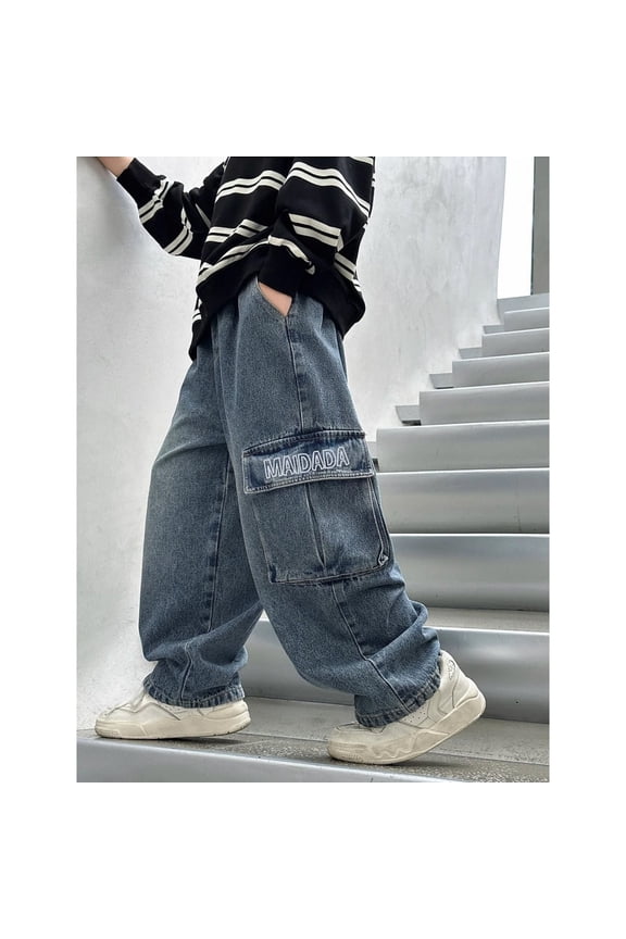 Boys Classic Denim Jeans Multi-Pocket Relaxed Fit Fashionable Trousers Blue 8-9 Years