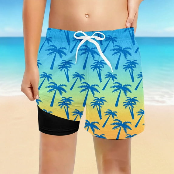 RTKFRFLM Boys Coconut Tree Print Swim Trunks Hawaii Style Summer Beach Shorts Yellow 8-9 Years