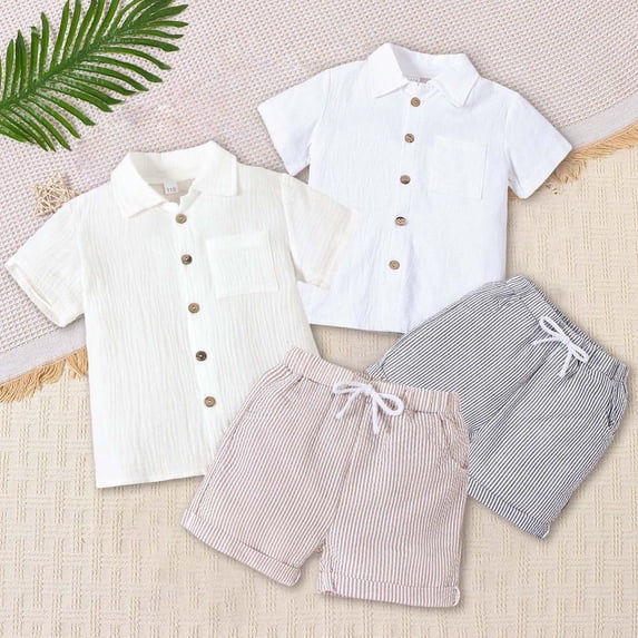RTKFRFLM Boys Cotton Linen Polo Set, Solid Color Short Sleeve Shirt and Casual Shorts 2-Piece