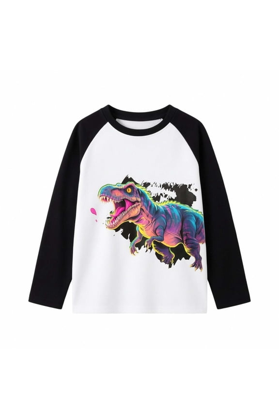 Boys Dinosaur Raglan T-Shirt Cool Prehistoric Animal Pattern Crewneck Long Sleeve Color Block Base Layer