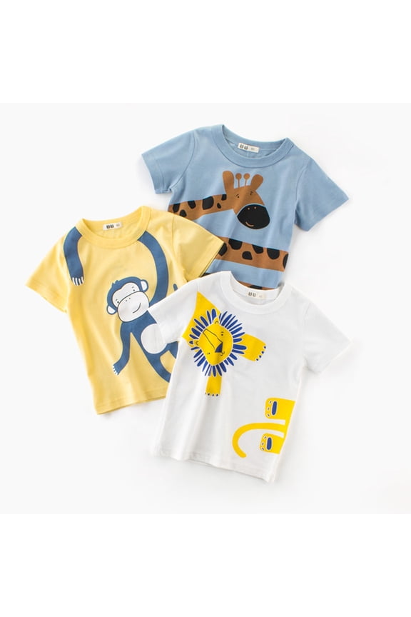 Boys' Fashion Forest Animal Graphic T-Shirt Summer Short Sleeve Crewneck Top for Toddlers & Kids Soft Breathable Cotton Tee Trendy Wildlife Print Casual School Clothes Ages 1-7Y