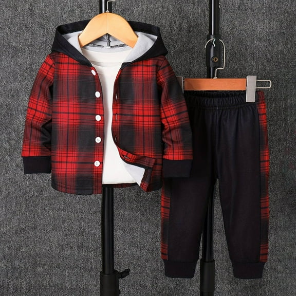 RTKFRFLM Boys Fleece Hooded Plaid Pullover And Joggers 2 Piece Outfit For Infant Toddler Winter Fall Season Clothes Sets