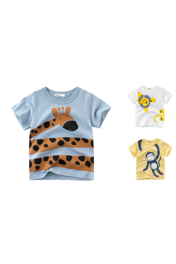 Boys Forest Animal T-Shirt Cute Wildlife Cartoon Print Crewneck Short Sleeve Casual Summer Tee Top Kids 1-7Y
