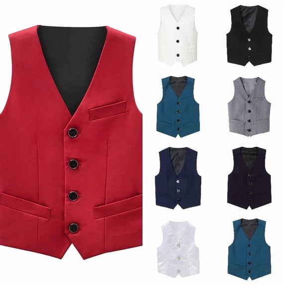 RTKFRFLM Boys Formal Suit Vest Slim Fit Black Uniform Waistcoat Classical Sleeveless Tuxedo Vest for Wedding School Kids 5-16 Years