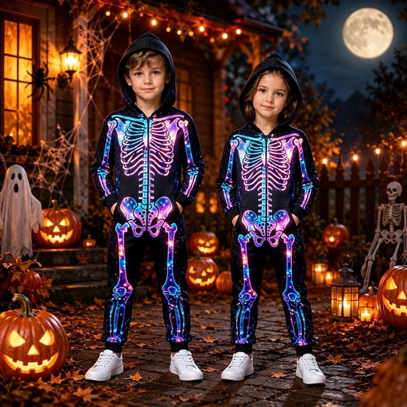 RTKFRFLM Boys Girls Halloween Skeleton Onesie Pajamas Outdoor Zip Up Costume Jumpsuit 2-15 Years