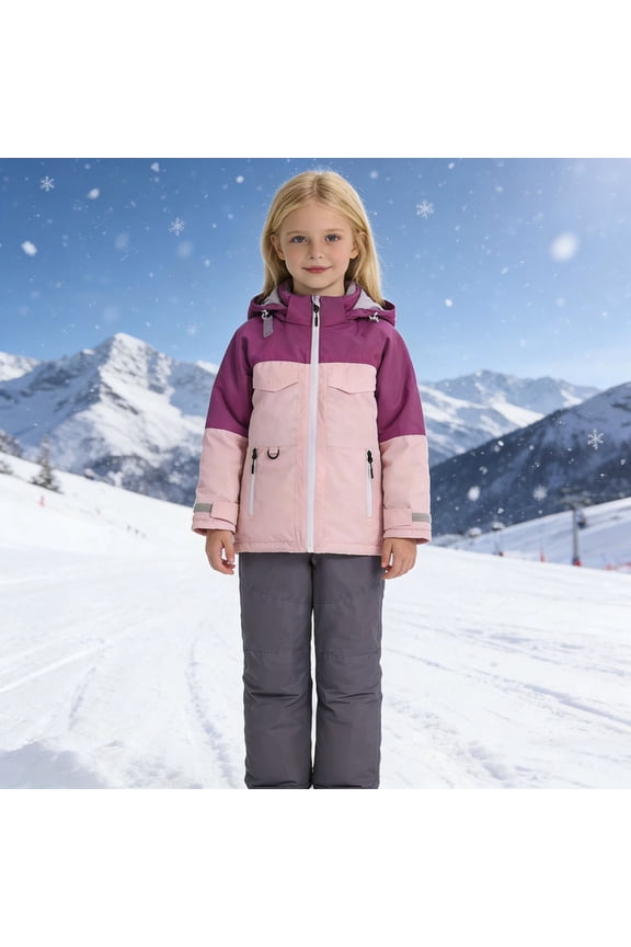Boys Girls Kids Ski Jacket Bib Pants Set Color-Block Hooded Snowsuit Windproof Waterproof Thermal Outdoor Sports Outfit