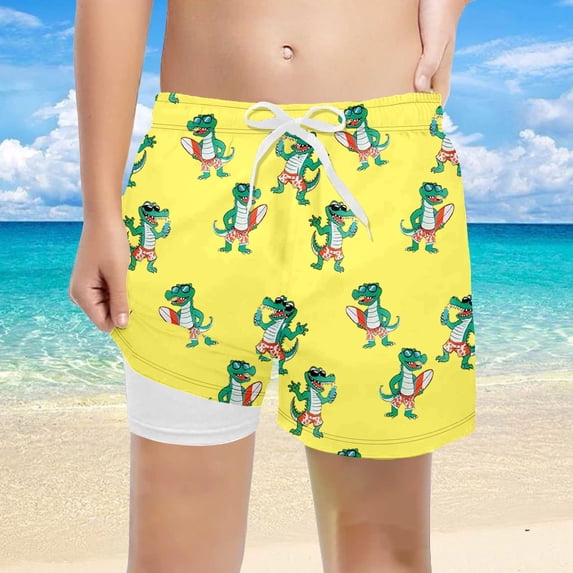 RTKFRFLM Boys Graphic Swim Trunks Crocodile and Pineapple Print Beach Shorts Yellow 7T/130