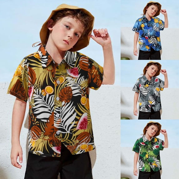 RTKFRFLM Boys' Hawaiian Aloha Beach Shirt Tropical Floral Print Short Sleeve Collared Top for Kids Fashionable Casual Button Down Holiday Soft Breathable Summer Party Wear Size 5-14