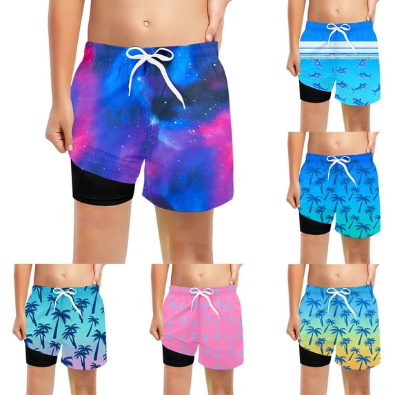 RTKFRFLM Boys Hawaiian Coconut Tree Print Swim Trunks Kids Summer Beach Shorts with Soft Mesh Lining Quick Dry Tropical Board Shorts for Toddlers & Boys