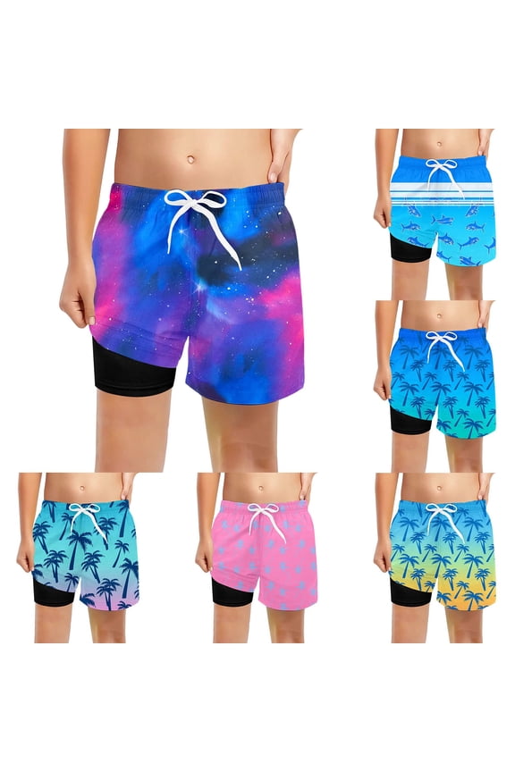 Boys Hawaiian Coconut Tree Print Swim Trunks Kids Summer Beach Shorts with Soft Mesh Lining Quick Dry Tropical Board Shorts for Toddlers & Boys