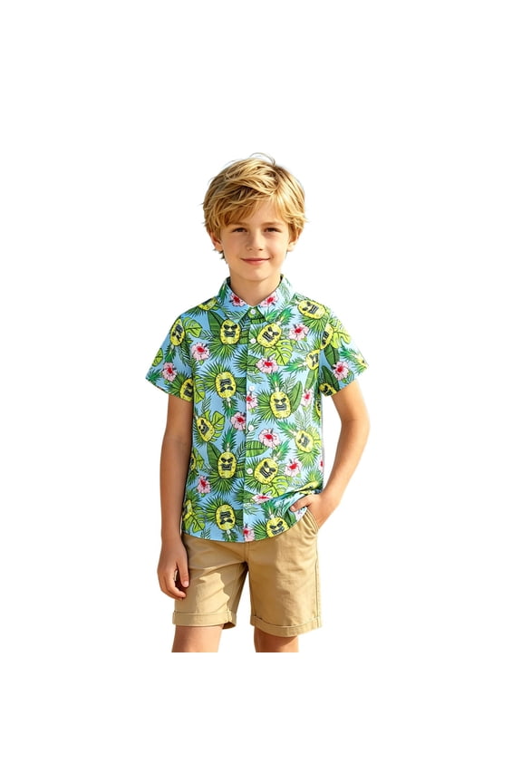 Boys Hawaiian Resort Shirt Scenic Ocean Beach Pattern Turn Down Collar Button Up Short Sleeve Smart Blouse 3Y-15Y