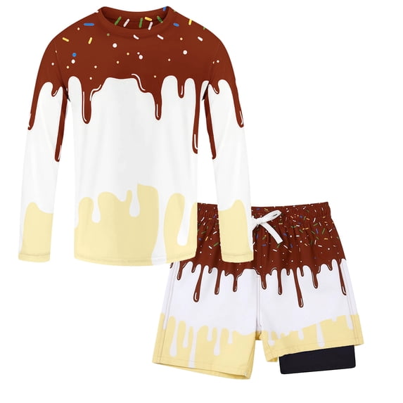 RTKFRFLM Boys Ice Cream Print Swimsuit Long Sleeve Rash Guard and Swim Trunks with Compression Liner Bathing Suit 3-14Y