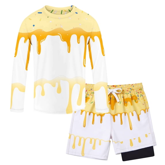 RTKFRFLM Boys Ice Cream Print Swimsuit Long Sleeve Rash Guard and Swim Trunks with Compression Liner Bathing Suit 3-14Y