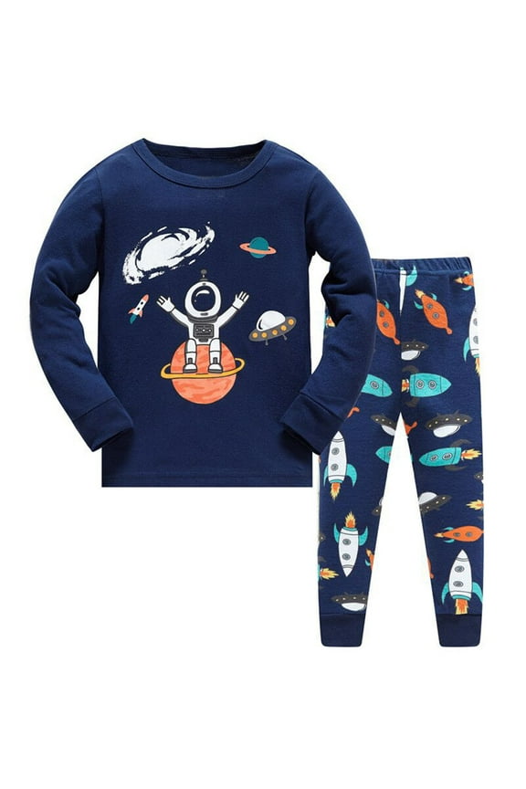 Boys Long Sleeve Pajama Set Cartoon Pattern Shirt and Pants Kids Homewear Sleep Outfit for Night and Relaxing Time Pj's Sets