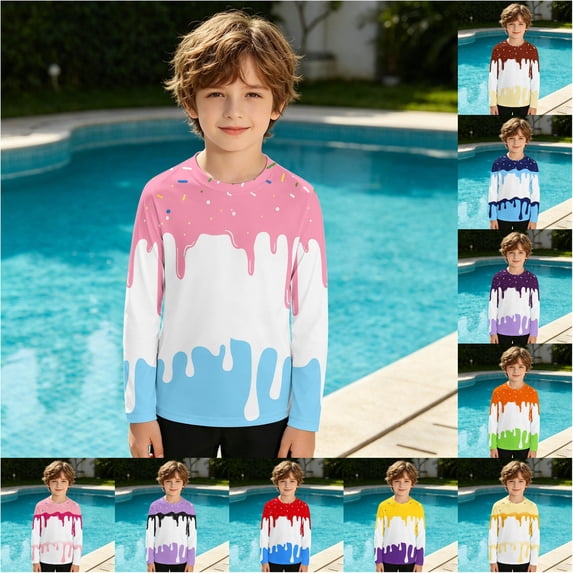 RTKFRFLM Boys Long Sleeve Rash Guard Ice Cream Print UV Sun Protection Swim Shirt 4th of July Patriotic Independence Day Swimwear Top