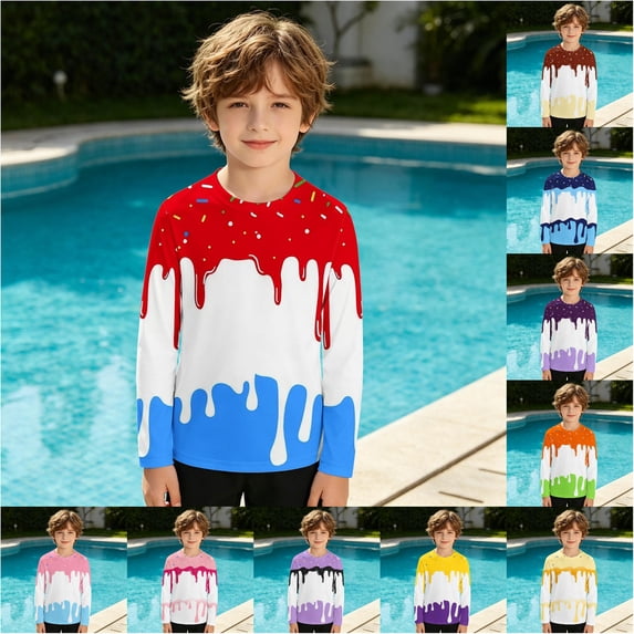 RTKFRFLM Boys Long Sleeve Rash Guard Ice Cream Print UV Sun Protection Swim Shirt 4th of July Patriotic Independence Day Swimwear Top