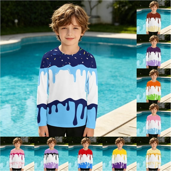 RTKFRFLM Boys Long Sleeve Rash Guard Ice Cream Print UV Sun Protection Swim Shirt 4th of July Patriotic Independence Day Swimwear Top