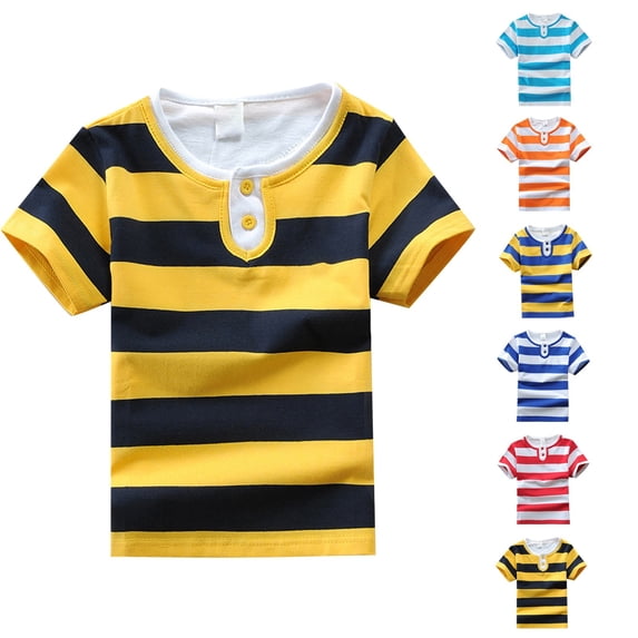 RTKFRFLM Boys' Striped Short Sleeve Polo Shirt Crewneck T-Shirt for Big Boys Summer Casual Fashion Tee Breathable Soft Classic Striped Design for School & Travel Size 6-18