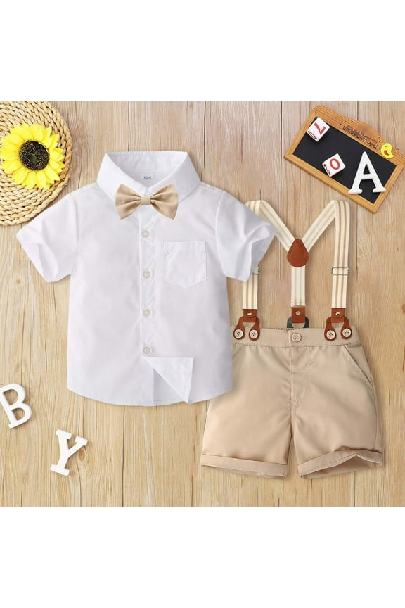 Boys Summer Formal Outfit, British Style Short Sleeve Shirt and Suspender Pants Set