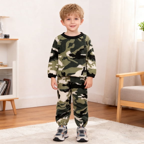 RTKFRFLM Boys Toddler Kids Loungewear Camo Print Thermal Long Sleeve Shirt and Pants Two-Piece Warm Set Sizes 2-7Y