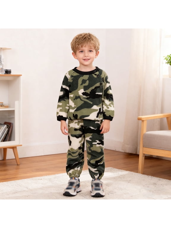 Boys Toddler Kids Loungewear Camo Print Thermal Long Sleeve Shirt and Pants Two-Piece Warm Set Sizes 2-7Y