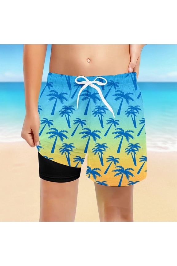 Boys Tropical Print Swim Shorts Coconut Tree Graphic Beach Trunks Blue 14-16 Years